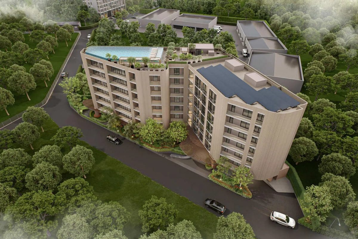 The Zero Bangtao — aerial view with the rooftop pool and solar panels